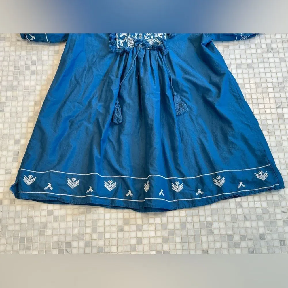 Chelsea & Violet Embroidered Blue Dress with Puffy Sleeves and Tassels